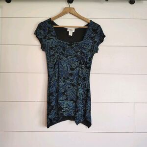 Vtg Whimsigoth Y2K Asymmetric Babydoll Blue Black Paisley Top Stretchy Size S